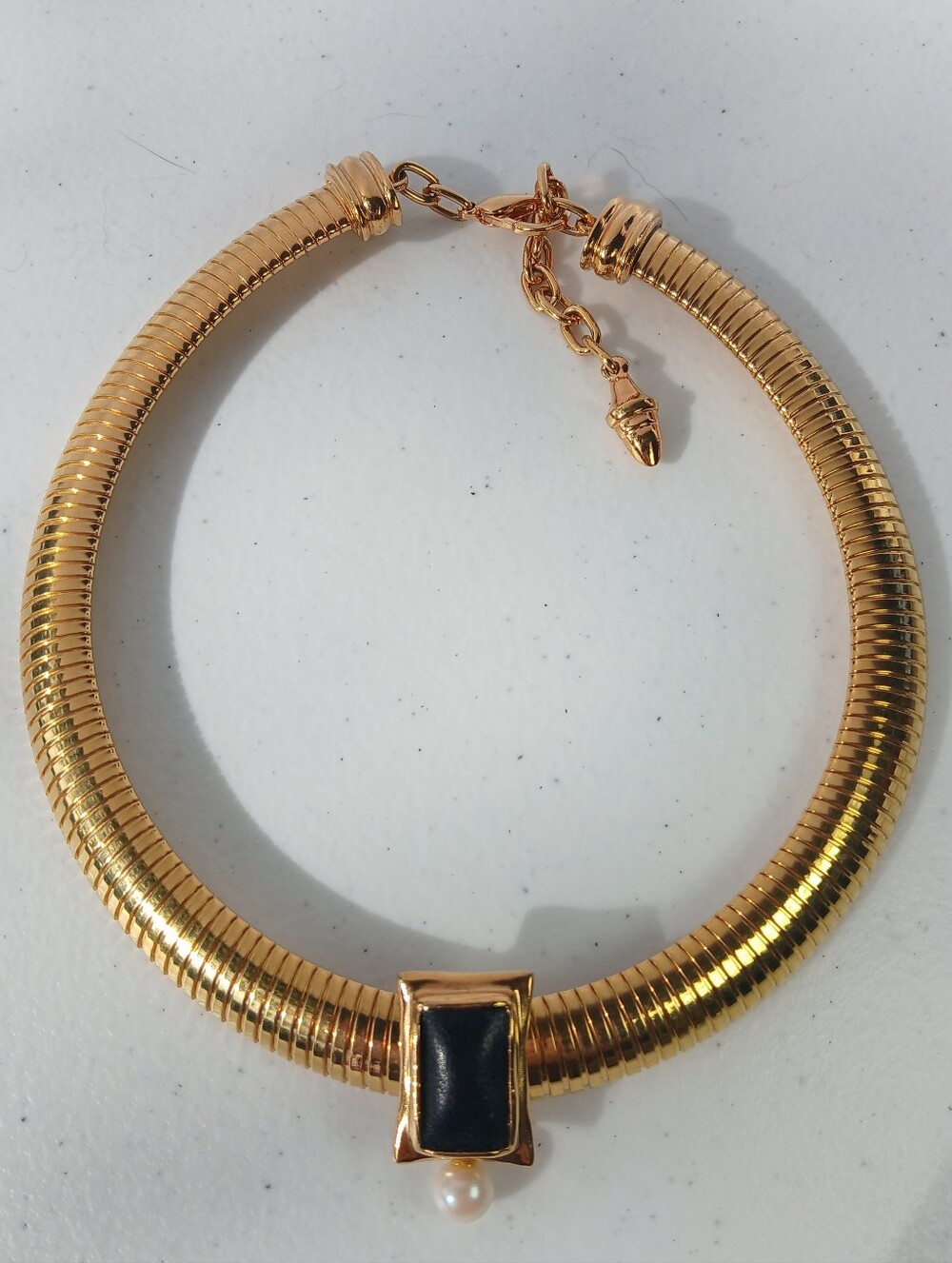 Doncaster Vintage Gold Tone Omega Chain Necklace With Leather And Pearl Pendant